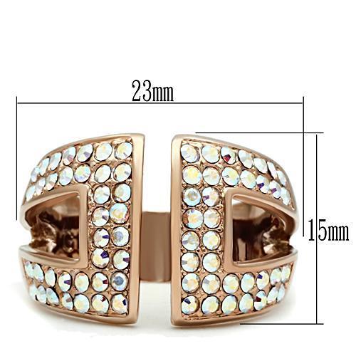 GL222 IP Rose Gold(Ion Plating) Brass Ring with Top Grade Crystal in Aurora Borealis (Rainbow Effect) - Joyeria Lady
