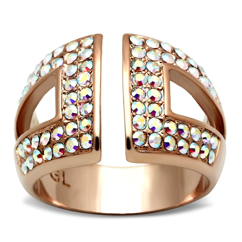 GL222 IP Rose Gold(Ion Plating) Brass Ring with Top Grade Crystal in Aurora Borealis (Rainbow Effect) - Joyeria Lady