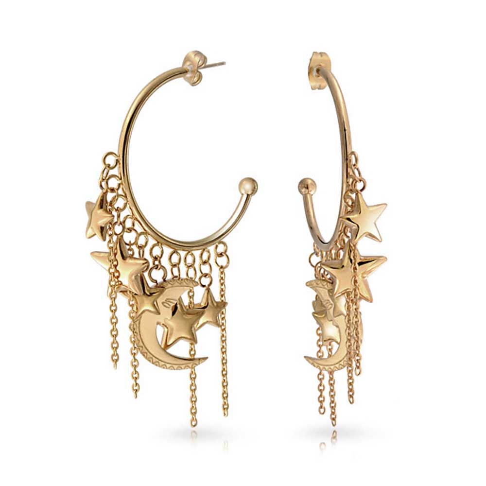 Trendy Moon Stars Dangling Charm Crescent Large Hoop Stud Earrings - Joyeria Lady