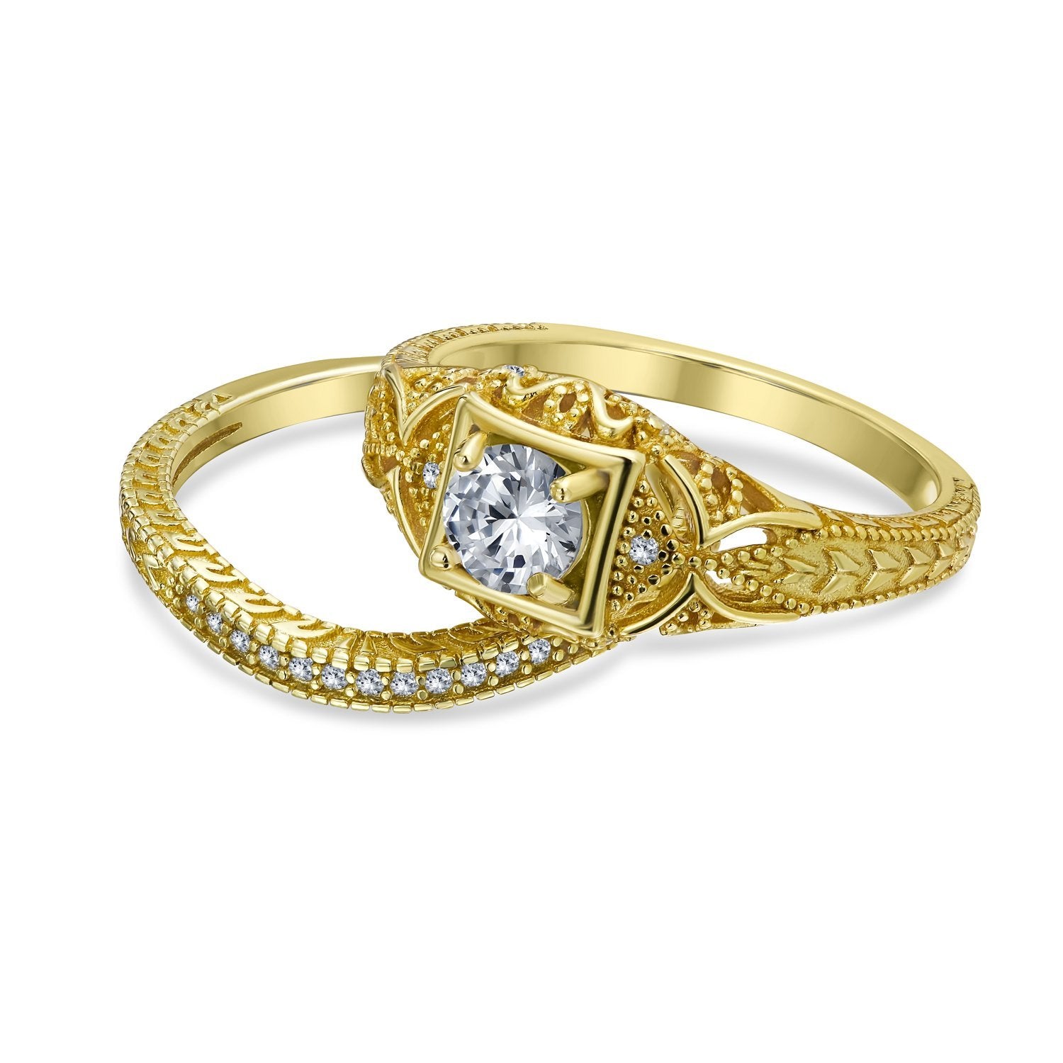 1CT AAA CZ Vintage Engagement Wedding Ring Set Gold Plated Sterling - Joyeria Lady