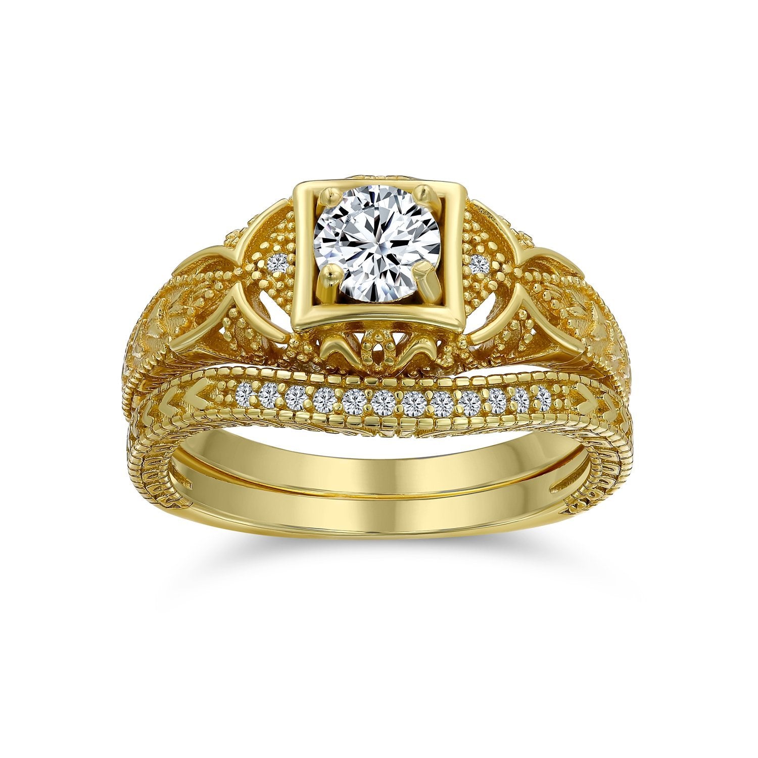 1CT AAA CZ Vintage Engagement Wedding Ring Set Gold Plated Sterling - Joyeria Lady