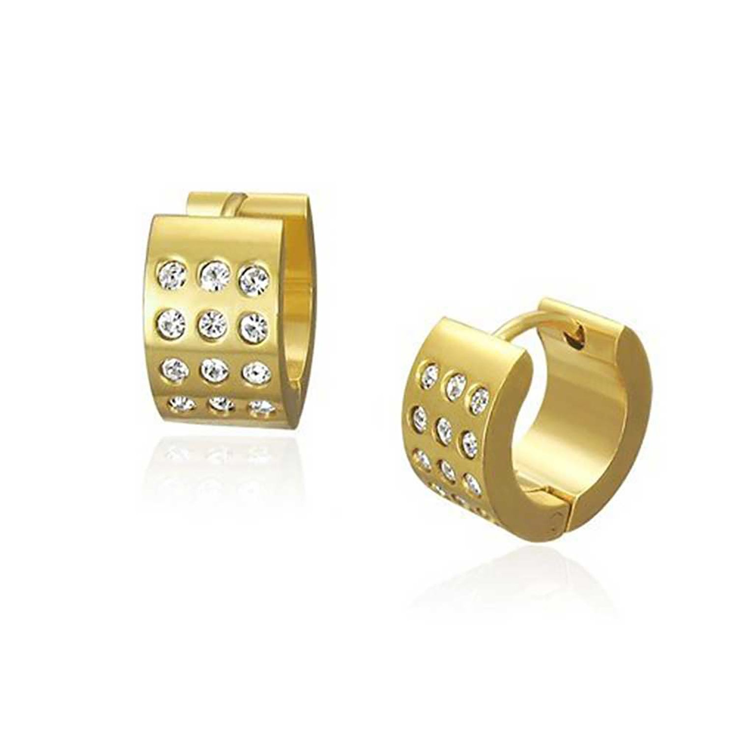 Wide 3 Row Hoop Kpop Earrings or CZ Gold Plated Stainless Steel - Joyeria Lady