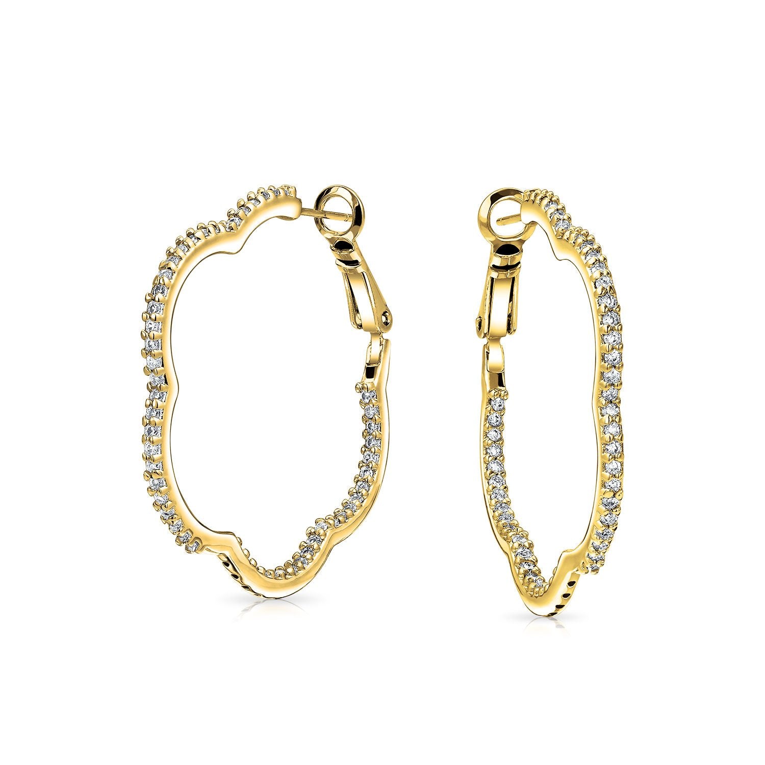 Flower Clover Pave CZ Cubic Zirconia Hoop Earrings Silver Plated - Joyeria Lady