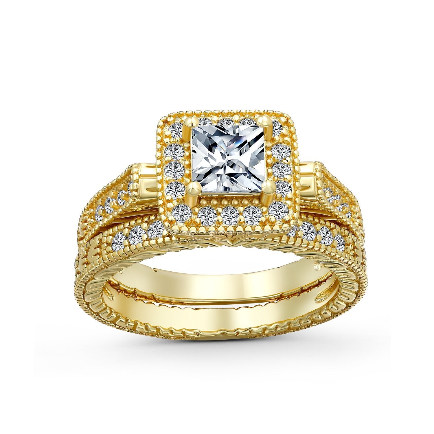 1CT Princess AAA CZ Engagement Wedding Ring Set 14K Plated 925 Silver - Joyeria Lady