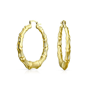 Light Weight Big Bamboo Hoop Earrings Gold Plated 3 Sizes - Joyeria Lady
