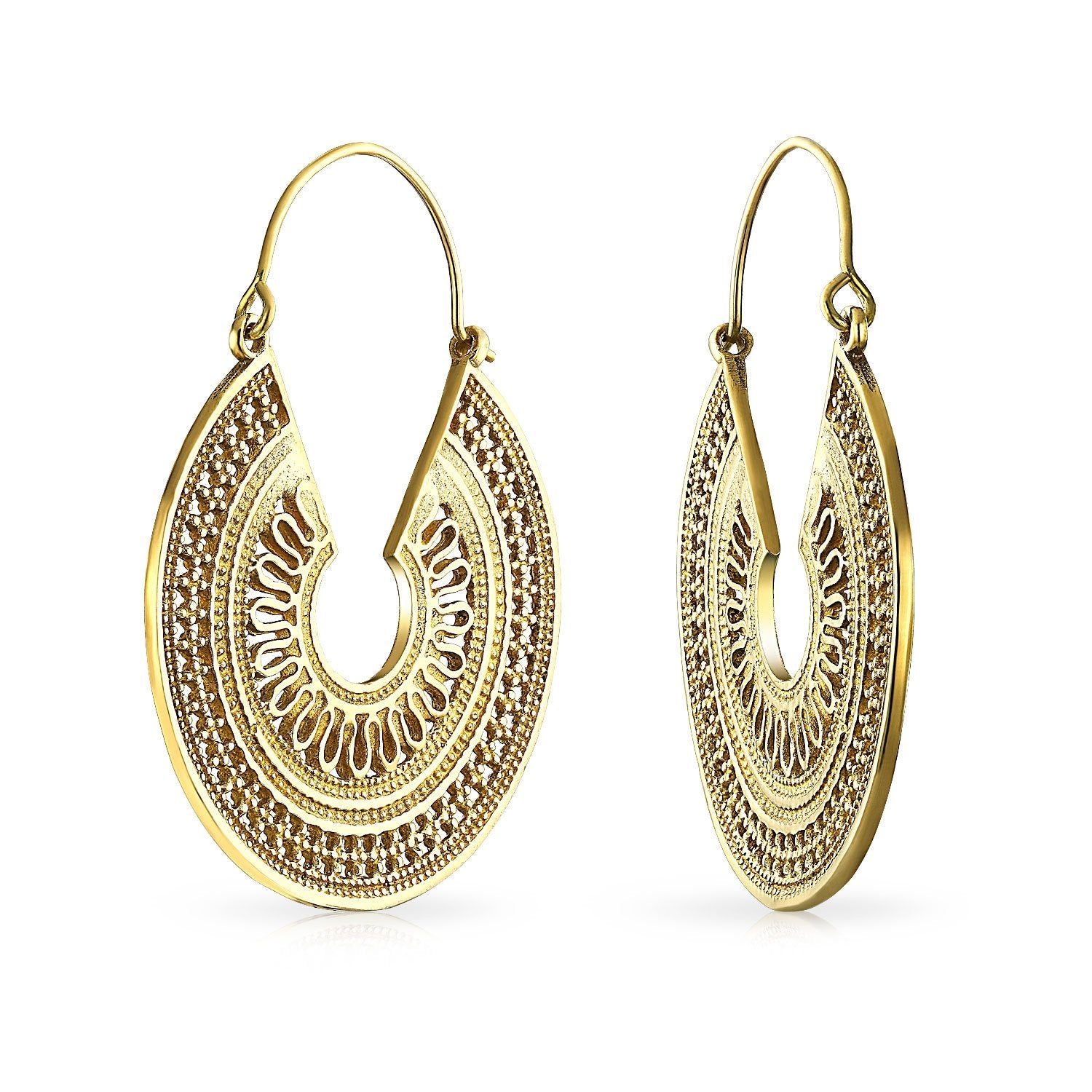 Boho Bali Style Filigree Crescent Round Hoop Earrings Gold Plated - Joyeria Lady