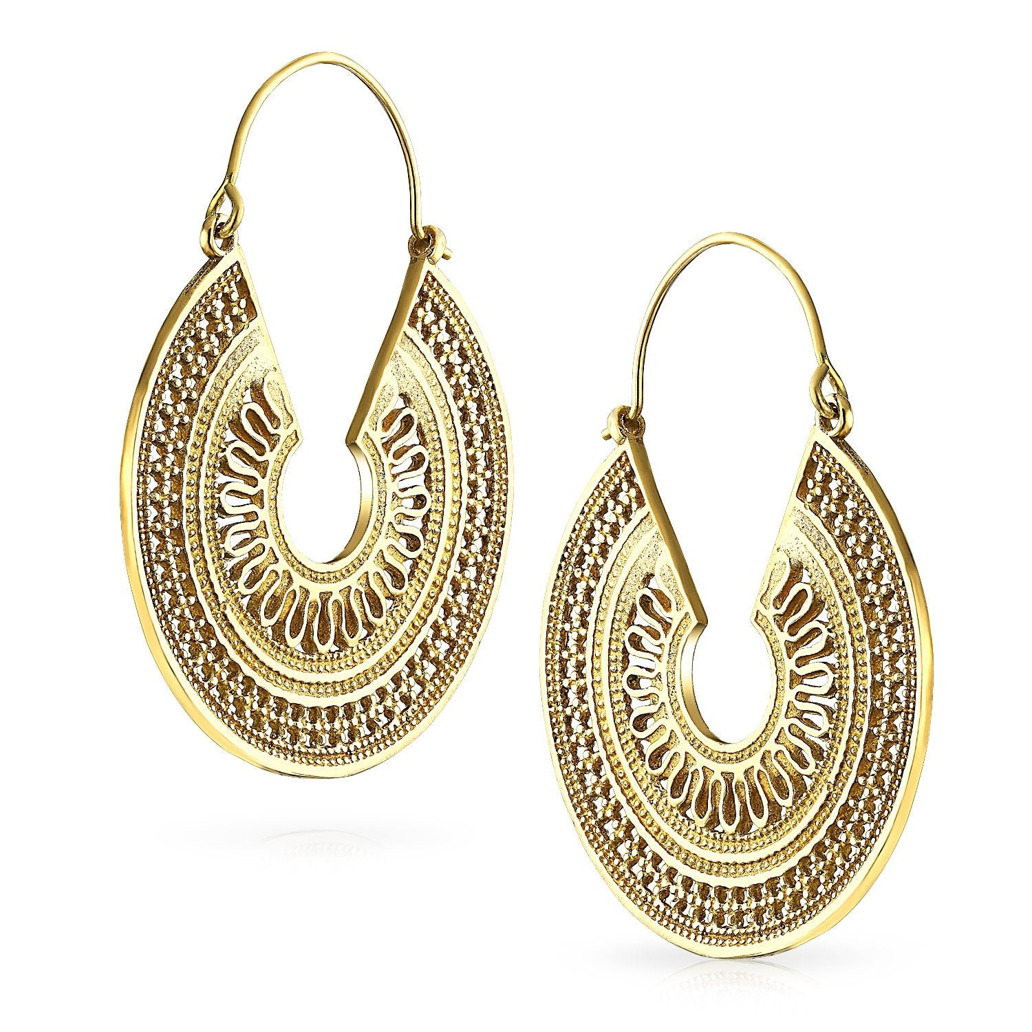 Boho Bali Style Filigree Crescent Round Hoop Earrings Gold Plated - Joyeria Lady