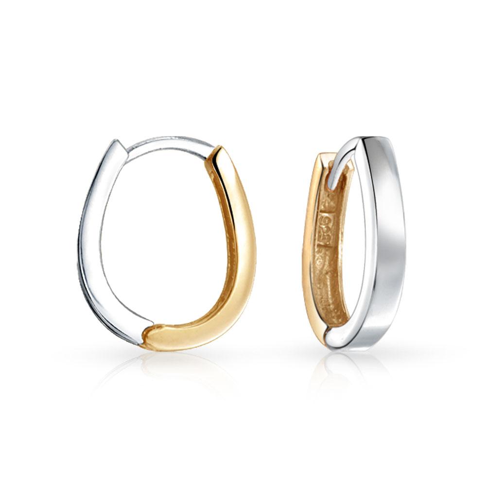 Simple Two Tone Small Oval Huggie Hoop Kpop Earrings For Women Men - Joyeria Lady