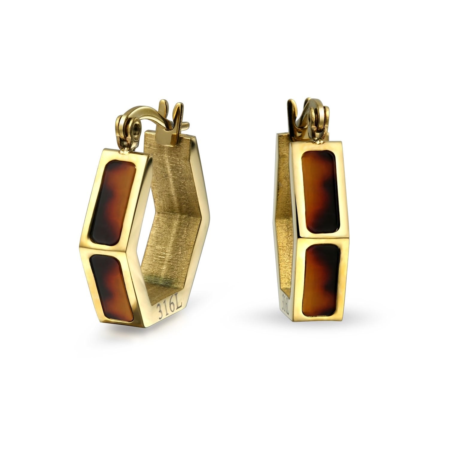 Brown Acrylic Tortoise Hoop Earrings Gold Plated Stainless Steel - Joyeria Lady