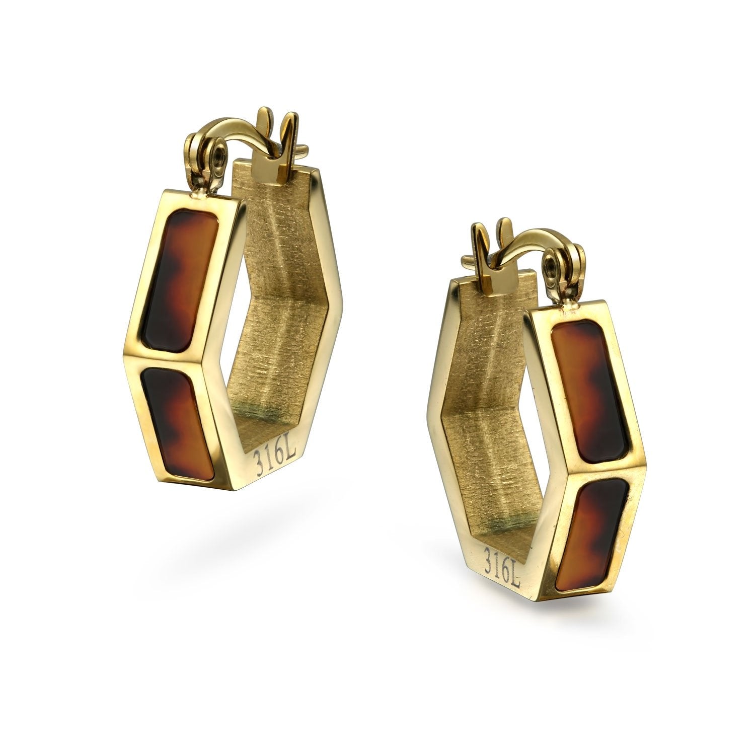 Brown Acrylic Tortoise Hoop Earrings Gold Plated Stainless Steel - Joyeria Lady