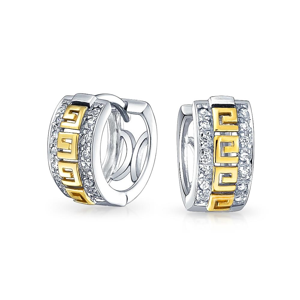 Greek Key Hoop Earrings CZ Gold Plated 925 Sterling Silver - Joyeria Lady