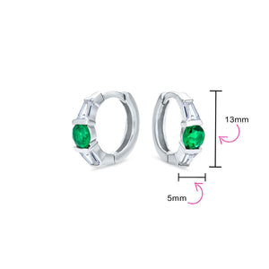 Green CZ Baguette Hoop Earrings Imitation Emerald Sterling Silver