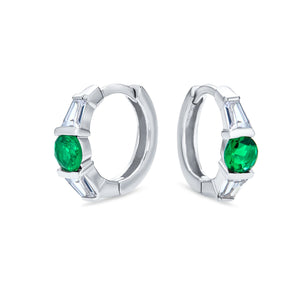 Green CZ Baguette Hoop Earrings Imitation Emerald Sterling Silver - Joyeria Lady