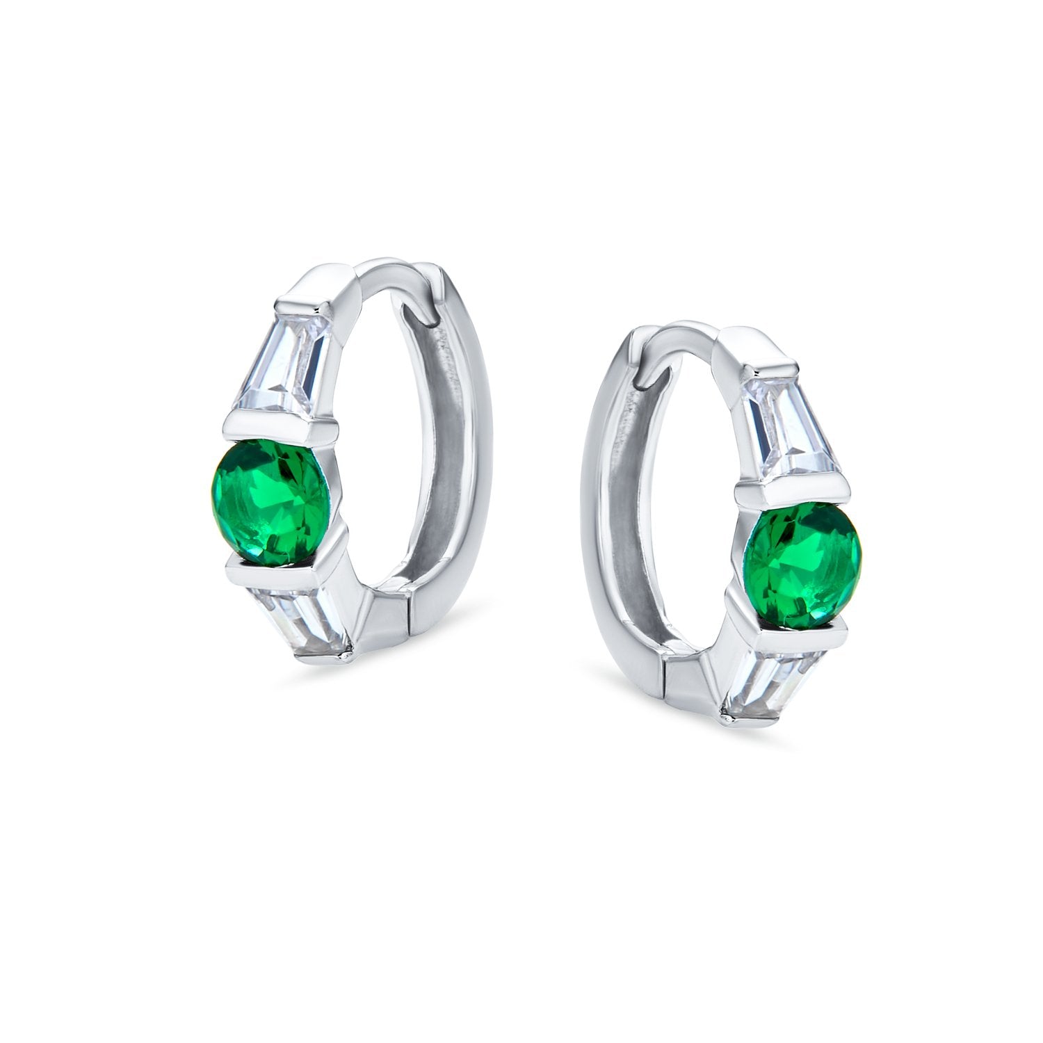 Green CZ Baguette Hoop Earrings Imitation Emerald Sterling Silver - Joyeria Lady