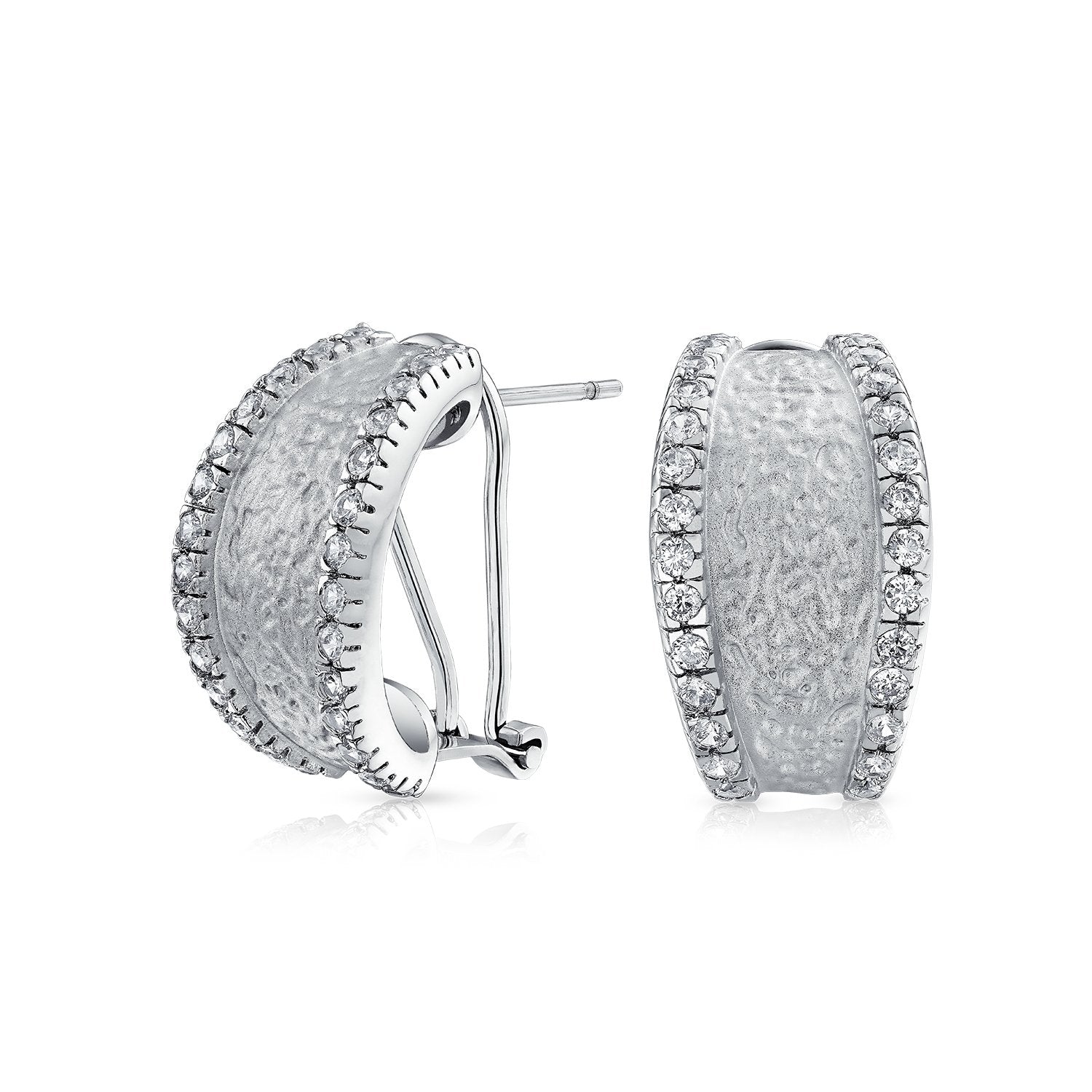 Matte Hammered Shrimp Half Hoop Earrings Pave Edge CZ Silver Plated - Joyeria Lady