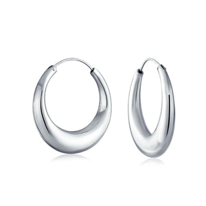 Geometric Half Moon Tapered Oval Hoop Earrings 925 Sterling Silver - Joyeria Lady