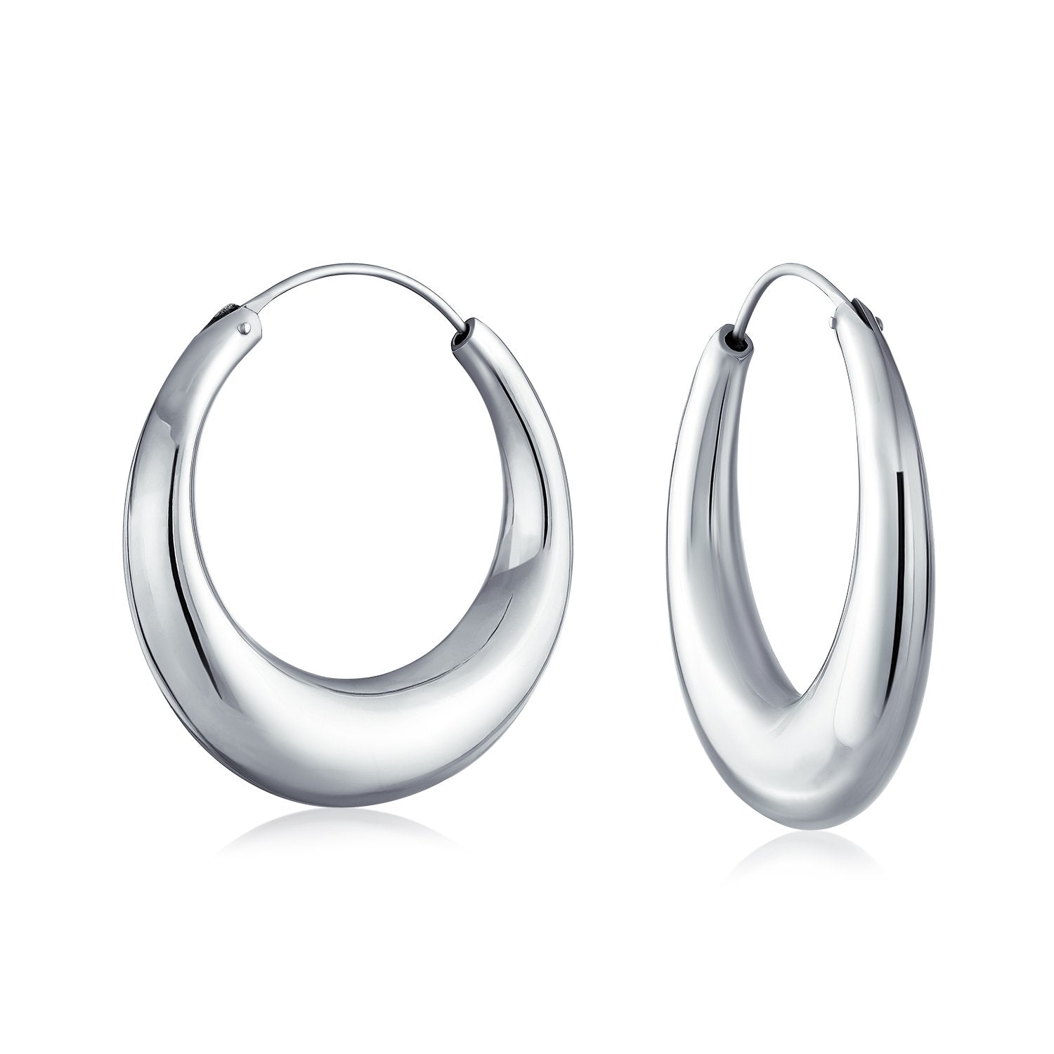 Geometric Half Moon Tapered Oval Hoop Earrings 925 Sterling Silver - Joyeria Lady