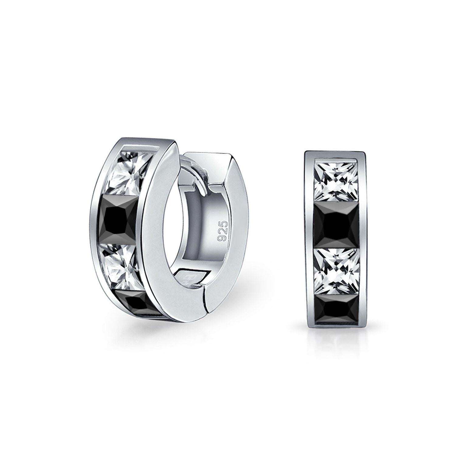 Square Asscher Cut CZ Channel Huggie Hoop Earrings Sterling Silver - Joyeria Lady
