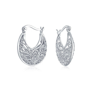 Boho Bali Floral Scroll Filigree Wire 3D Hoop Earrings Sterling Silver - Joyeria Lady