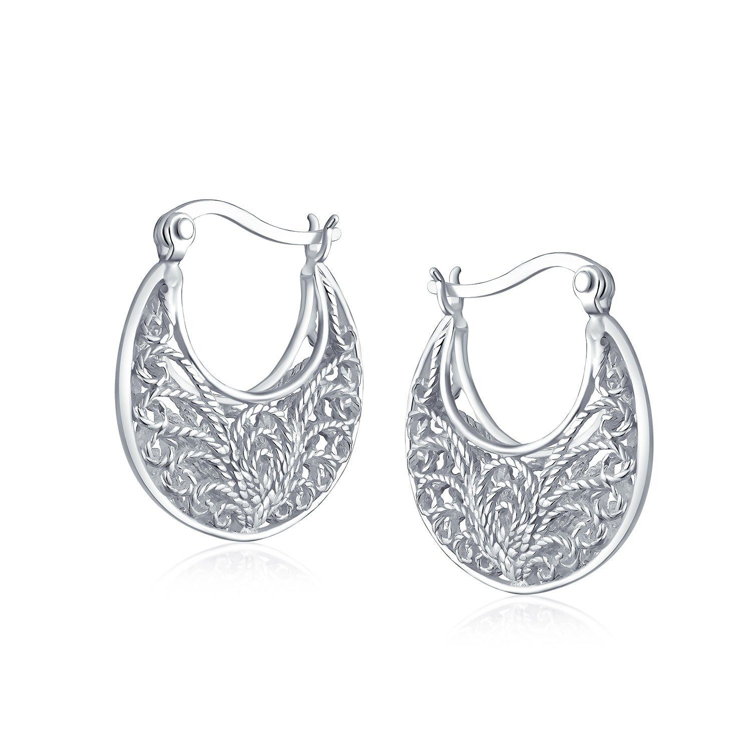 Boho Bali Floral Scroll Filigree Wire 3D Hoop Earrings Sterling Silver - Joyeria Lady
