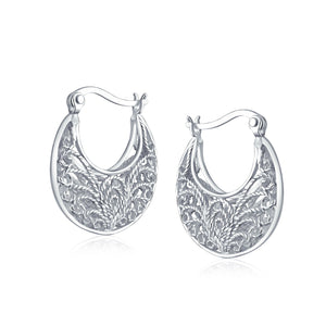 Boho Bali Floral Scroll Filigree Wire 3D Hoop Earrings Sterling Silver