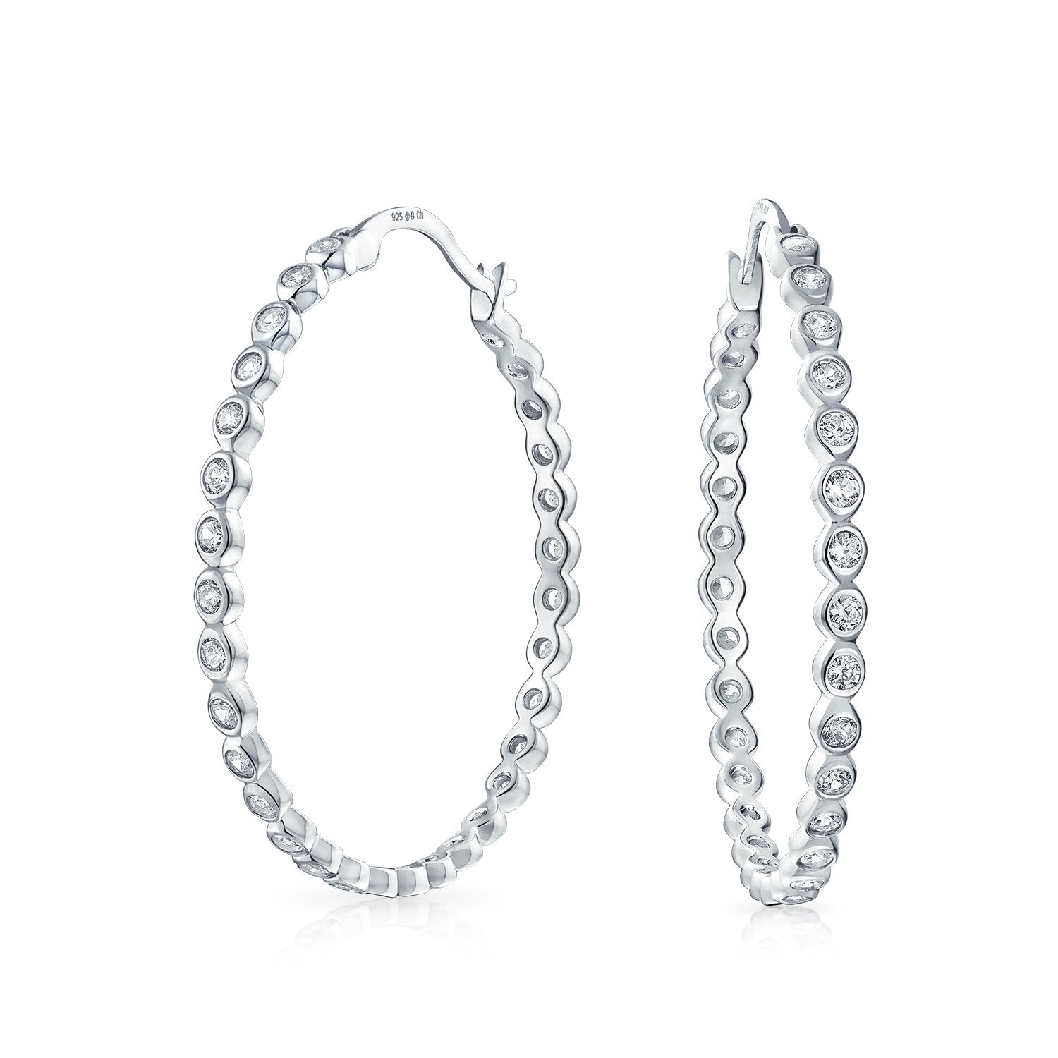 Solitaire Cubic Zirconia Statement Hoop Earrings of Sterling Silver - Joyeria Lady