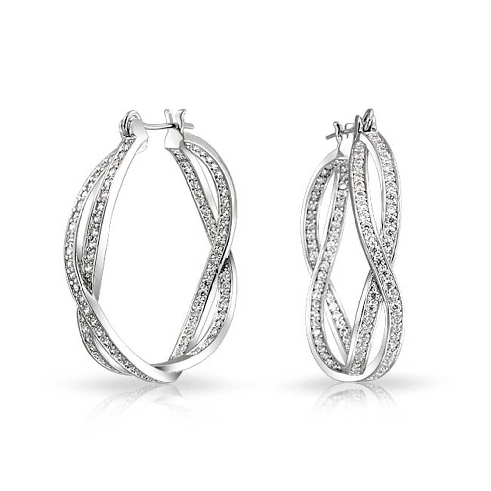 Infinity Knot Inside Out Twist CZ Prom Hoop Earrings Silver Plated - Joyeria Lady