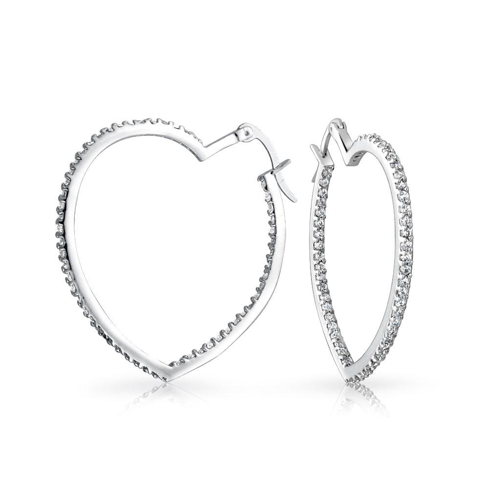 Heart Inside Out Cubic Zirconia Pave CZ Hoop Earrings Silver Tone - Joyeria Lady