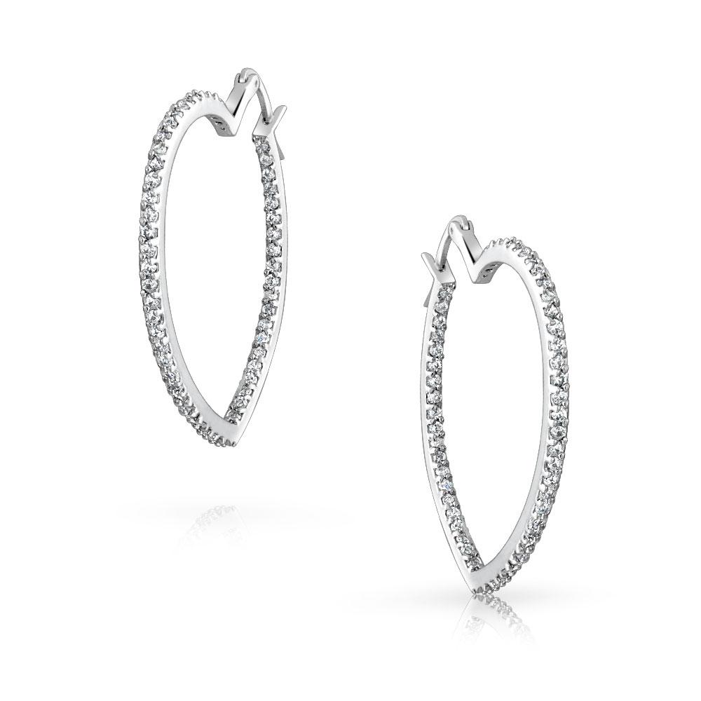 Heart Inside Out Cubic Zirconia Pave CZ Hoop Earrings Silver Tone - Joyeria Lady