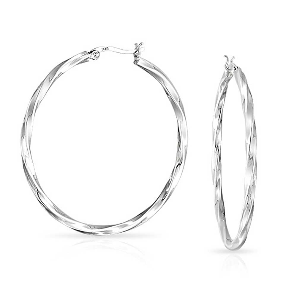 Wire Cable Twist Large Hoop Earrings 925 Sterling Silver 1 8 Inch Dia - Joyeria Lady