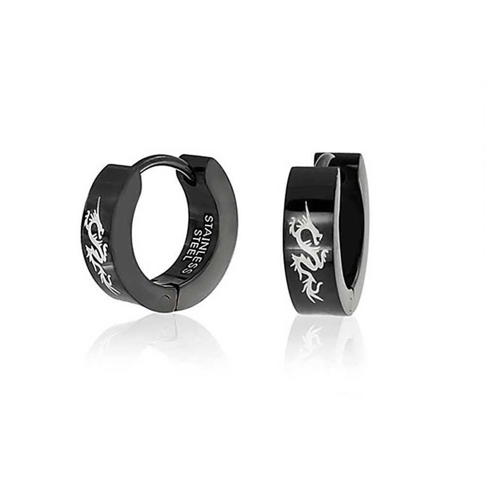 Dragon Hoop Earrings Laser Silver Tone Stainless Steel - Joyeria Lady