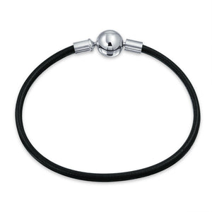 Black Leather Starter Charm Beads Bracelet 925 Sterling Silver Round