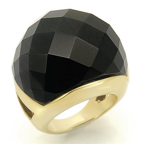 LO1041 Gold Brass Ring with Synthetic in Jet - Joyeria Lady
