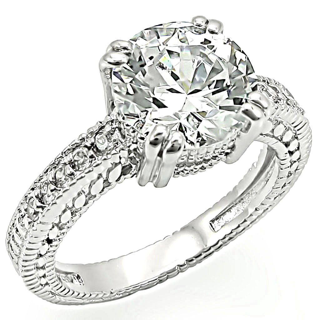 LO1255 Rhodium Brass Ring with AAA Grade CZ in Clear - Joyeria Lady