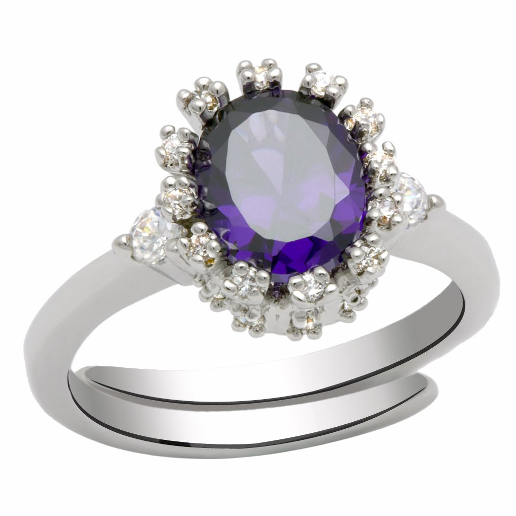 LO2073 Rhodium Brass Ring with AAA Grade CZ in Amethyst - Joyeria Lady