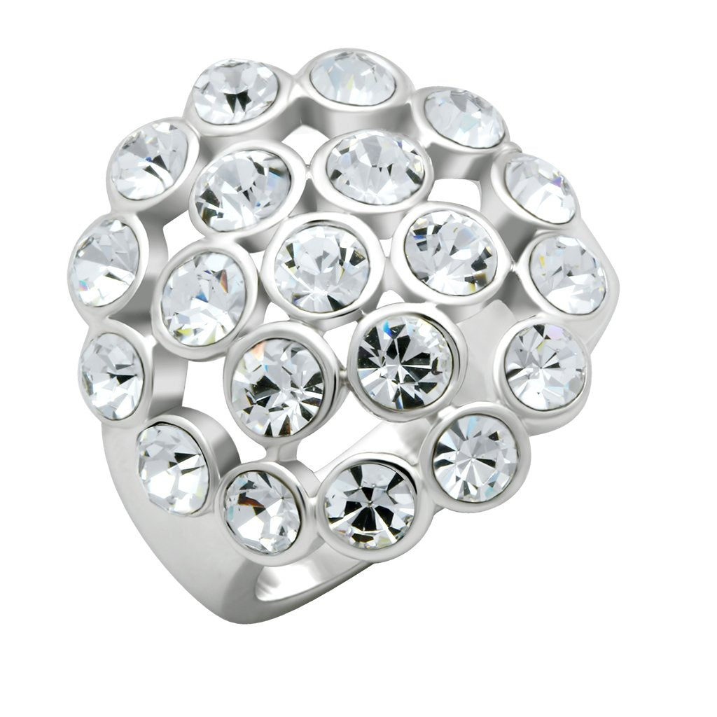 LO2096 Rhodium Brass Ring with Top Grade Crystal in Clear - Joyeria Lady
