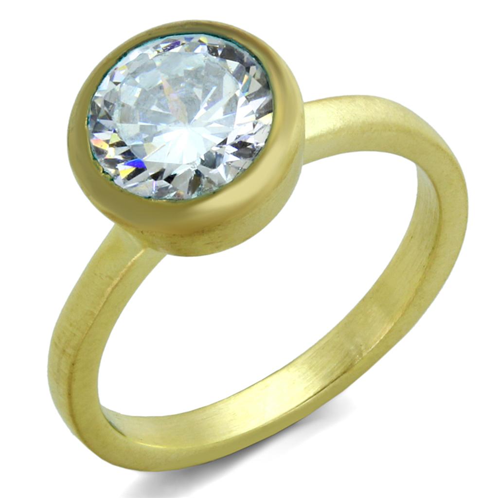 LO3538 Gold & Brush Brass Ring with AAA Grade CZ in Clear - Joyeria Lady