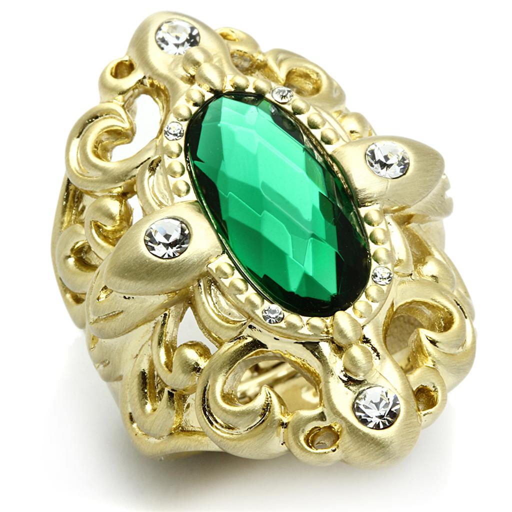 LO3665 Gold & Brush Brass Ring with Synthetic in Emerald - Joyeria Lady