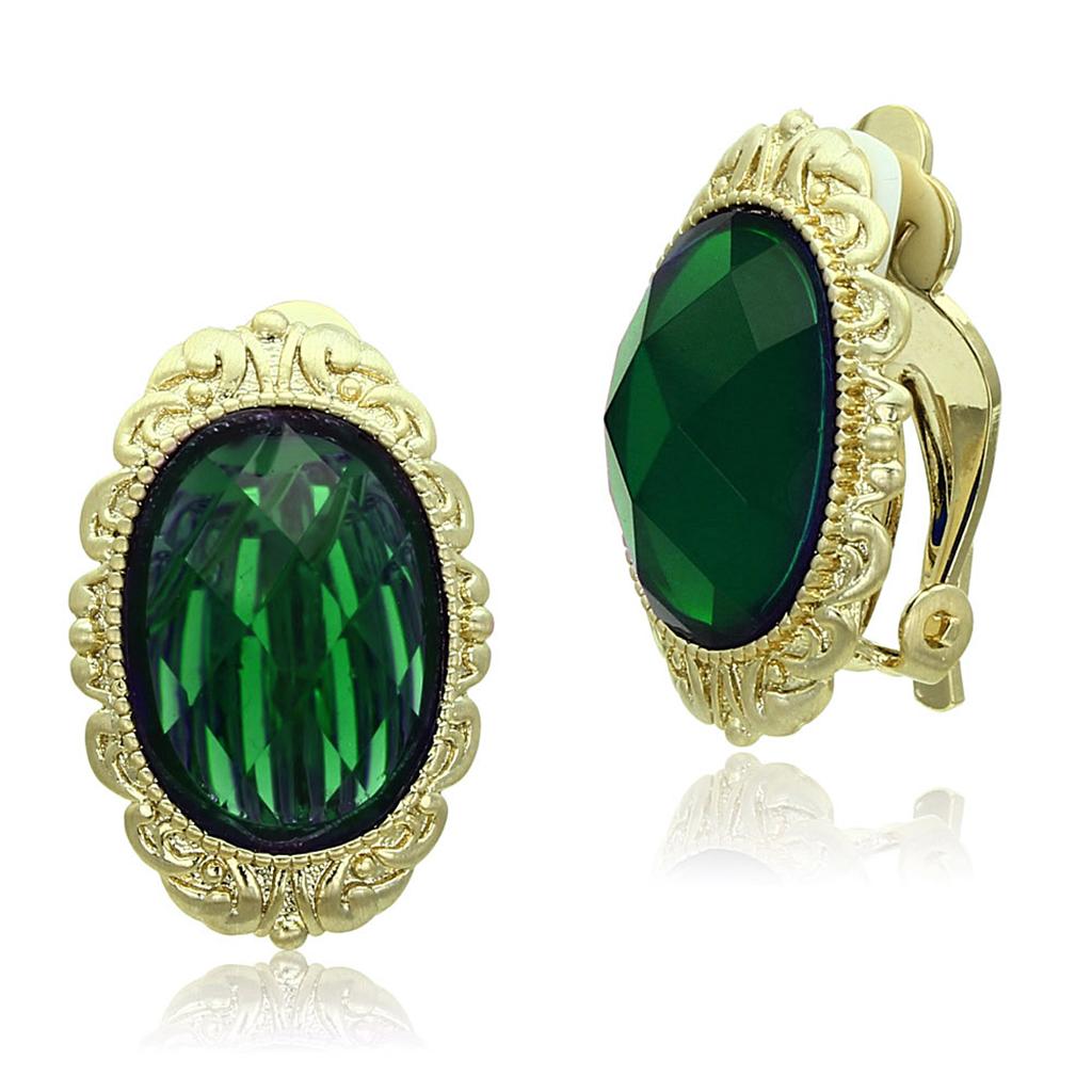 LO3668 Gold & Brush Brass Earrings with Synthetic in Emerald - Joyeria Lady