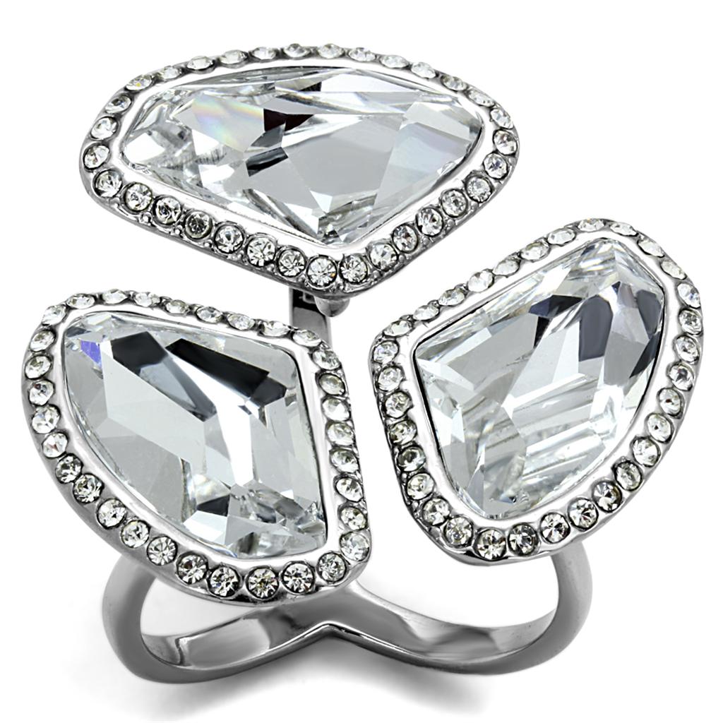 LO3938 High polished (no plating) Stainless Steel Ring with Top Grade Crystal in Clear