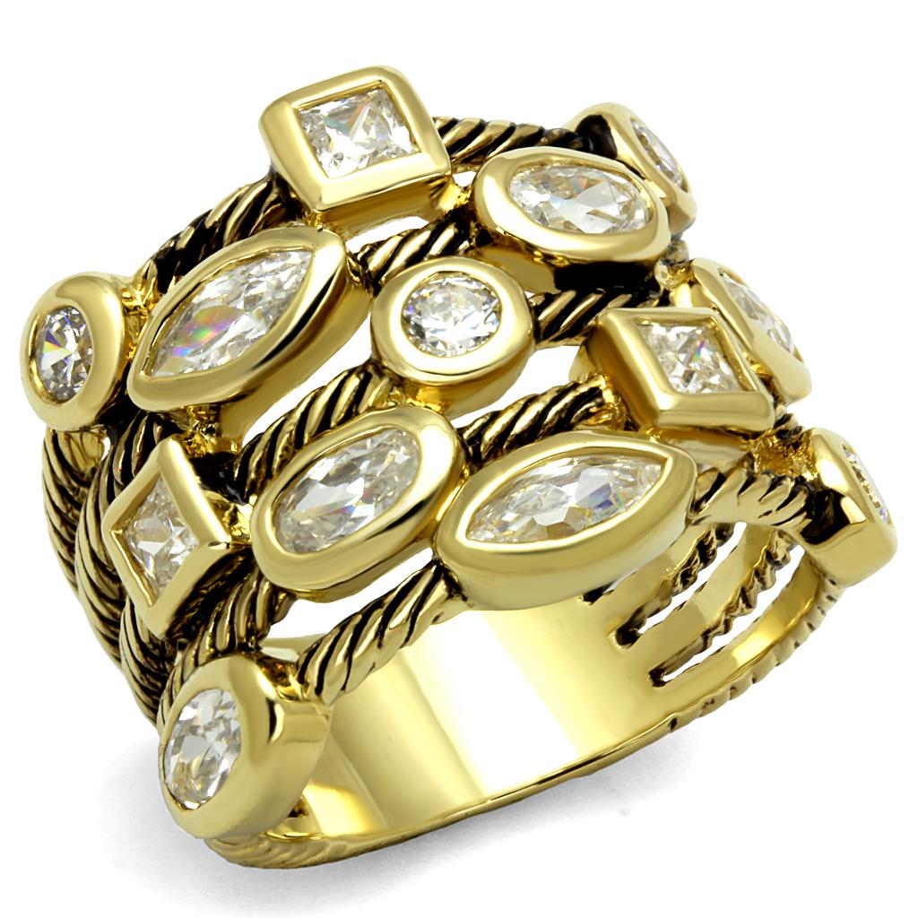LO4096 Gold Brass Ring with AAA Grade CZ in Clear - Joyeria Lady