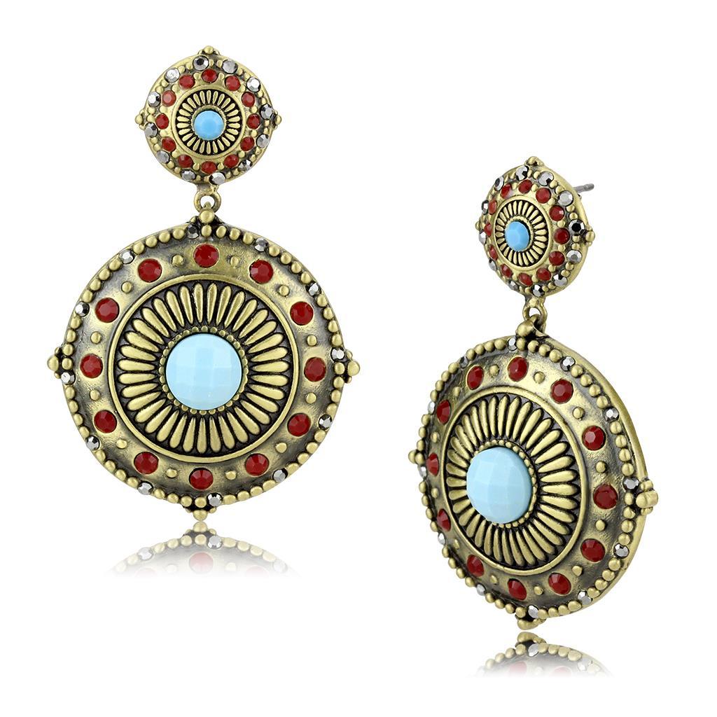 LO4685 Antique Copper Brass Earrings with Synthetic in Sea Blue - Joyeria Lady