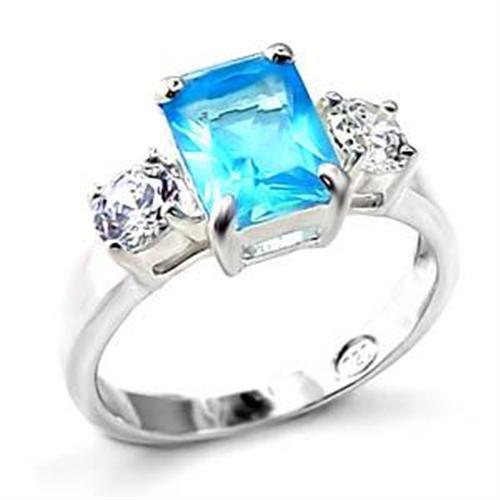 LOA457 - High-Polished 925 Sterling Silver Ring with Synthetic Spinel in Sea Blue - Joyeria Lady