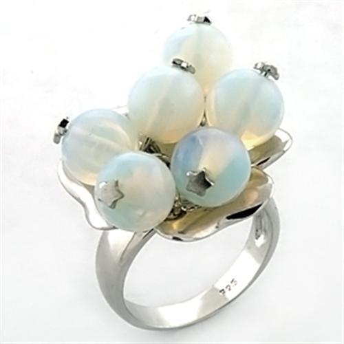 LOA645 - Rhodium 925 Sterling Silver Ring with Synthetic Glass Bead in White - Joyeria Lady