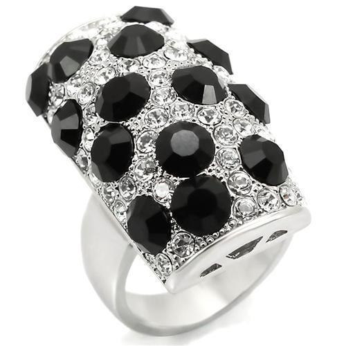 LOA944 Rhodium Brass Ring with Top Grade Crystal in Jet - Joyeria Lady