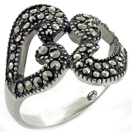 LOAS1010 - High-Polished 925 Sterling Silver Ring with Synthetic Marcasite in Jet - Joyeria Lady