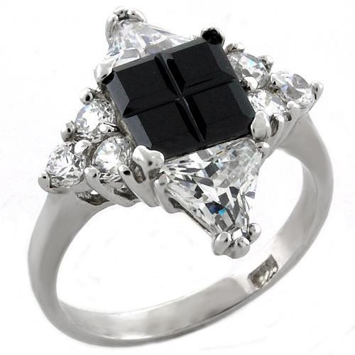 LOAS1031 - Rhodium 925 Sterling Silver Ring with AAA Grade CZ  in Jet - Joyeria Lady