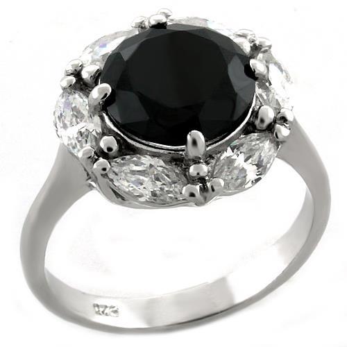 LOAS1044 - Rhodium 925 Sterling Silver Ring with AAA Grade CZ  in Jet - Joyeria Lady