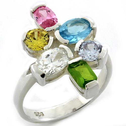 LOAS1075 - High-Polished 925 Sterling Silver Ring with AAA Grade CZ  in Multi Color - Joyeria Lady