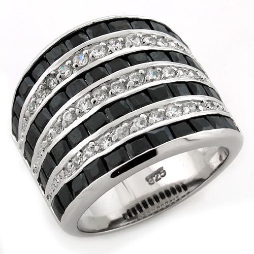 LOAS1089 - Rhodium 925 Sterling Silver Ring with AAA Grade CZ  in Jet - Joyeria Lady